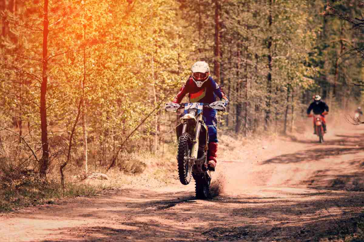 uomo in moto, in un bosco